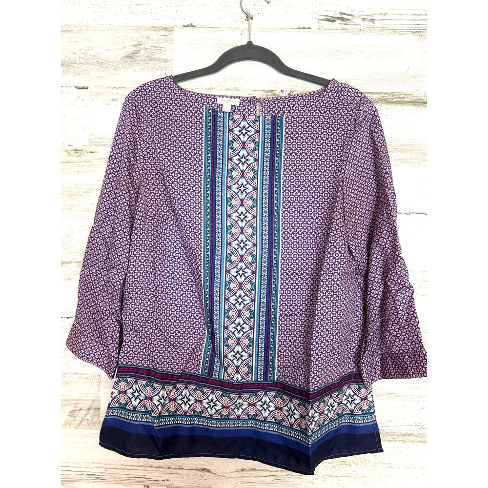 Talbots Womens S Blue Boho 3/4 Sleeve Lightweight Pullover Summer Blouse Top
